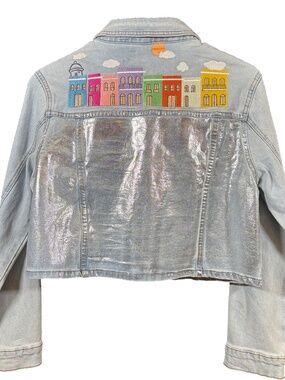 Denim jacket,  metallic/cropped length, with embroidered "Old San Juan" on back;